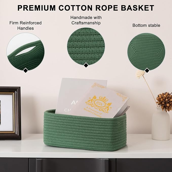 4 Pack Small Storage Shelf Baskets for Organizing, Mini Woven Rope Storage Bins for Towels, Cute Decorative Closet Organizer，Baby Nursery, Gift Empty Baskets -11.81''Lx7.87''Wx4.72''H-Green-CubbioJoy