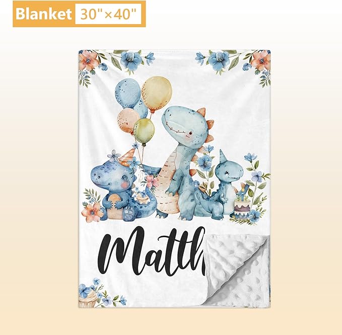 Custom Baby Crib Set - 5 Pcs Personalized Name Blue Dinosaur Crib Bedding Set for Infants Toddlers - Soft Double Layer Nursery Bedding Set for Boys - Customized Gifts for Baby Shower Birthday-CubbioJoy