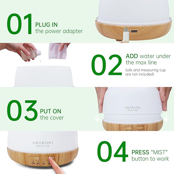 ASAKUKI Essential Oil Diffuser, 300ml Ultrasonic Aromatherapy Oil Humidifier with 7 Colors Lights 2 Mist Mode for Home-CubbioJoy
