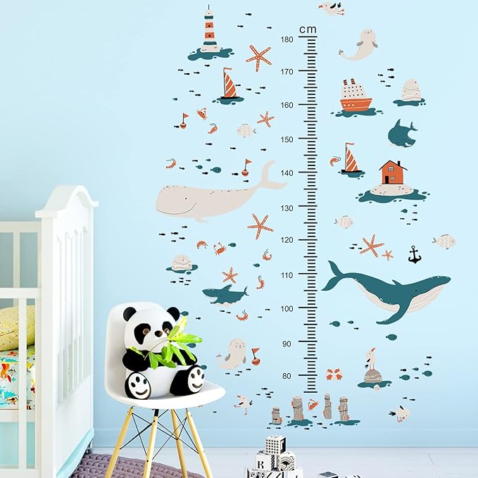 3D Cartoon Height Growth Chart for Kids Wall Decal Removable DIY Whale Ocean Animal Wall Decal Peel and Stick Sailing House Art Decor for Kids Nursery Bedroom Living Room Bathroom Decor-CubbioJoy