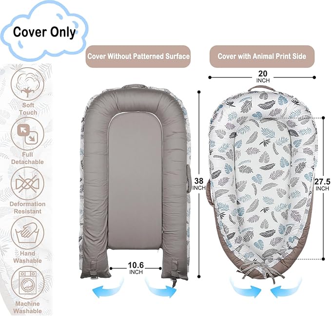 Baby Lounger Cover Only for Newborns, 100% Cotton Soft Portable Baby Nest Lounger Cover, Breathable Infant Lounger Replacement Cover, Lounger Pillow Cover Fit for Snuggle Me, Cover Only(Leaf Pattern)-CubbioJoy