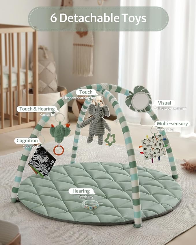 Blissful Diary Waterproof Baby Play Gym Mat, Wipe-Clean Vegan Leather Tummy Time Mat with 6 Detachable Toys, Baby Activity Mat, Sage Green-CubbioJoy