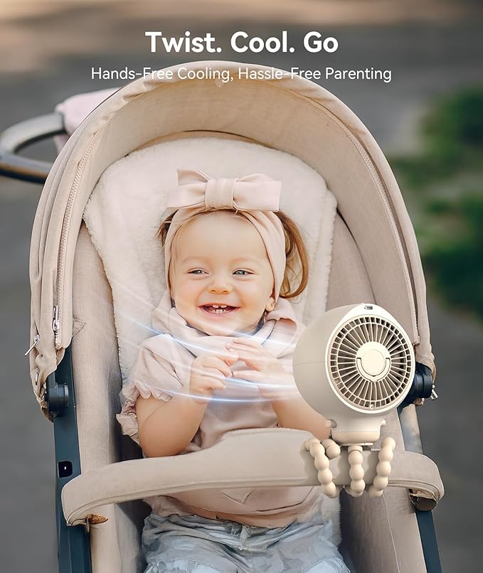 Dreamegg Portable Stroller Fan - 4000mAh Rechargeable Baby Stroller Fan With LED Display, Night Light, Hidden Blade, Detachable 4 Speed 360°Rotate, Handheld Cooling for Crib,Travel, Car Seat, Bedroom-CubbioJoy