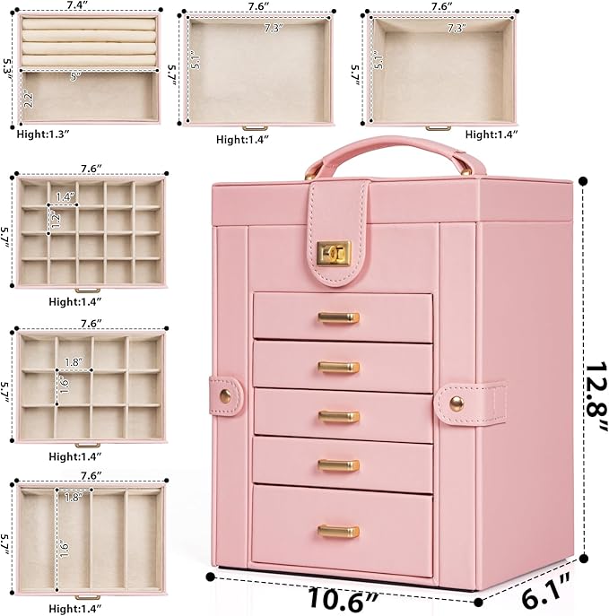AKOZLIN 6-Tier Jewelry Box Organizer Functional Leather Jewelry Storage Case for Women Girls Ring Necklace Earring Bracelet Holder Organizer with Mirror-CubbioJoy