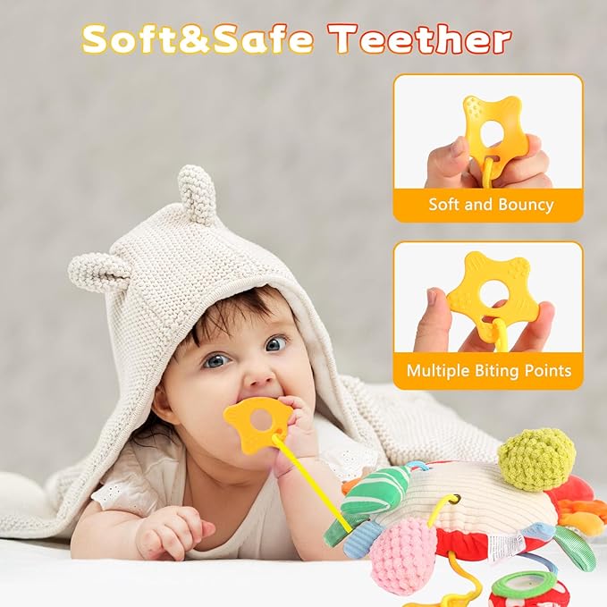 Car Seat Toys for Babies 0–12 Months, Hanging Infant Plush Rattle Toy with Mirror & Crinkle Clip-On Activity Toy for Car Seat, Stroller, Crib & Play Gym Baby Gift for Boys & Girls-CubbioJoy