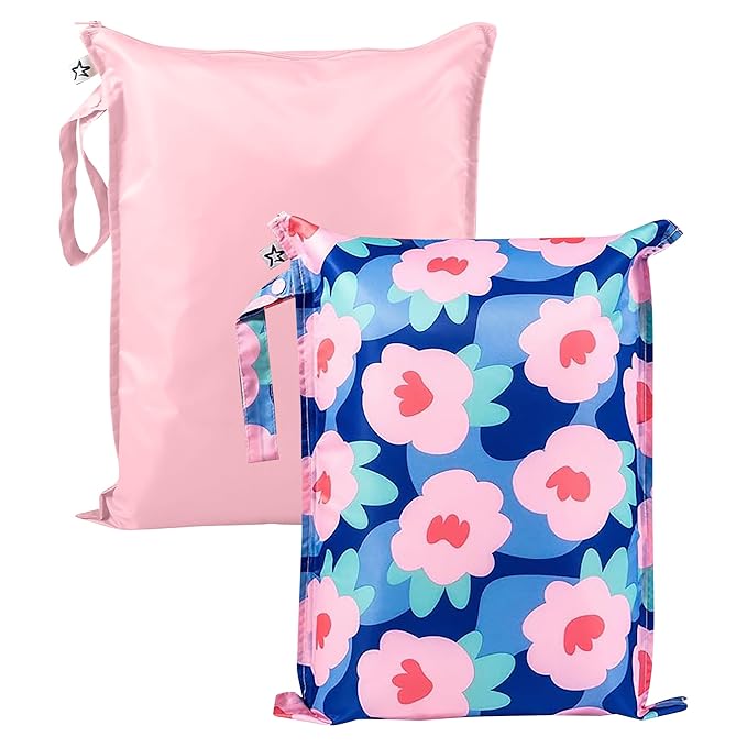 Tiny Twinkle Mess-Proof Waterproof Wet Dry Bag | 2-Pack Reusable Wet Bags for Swimsuits & Baby Clothes | Leakproof Wet Bag for Travel & Diaper Changes for Baby (Blue Floral)-CubbioJoy