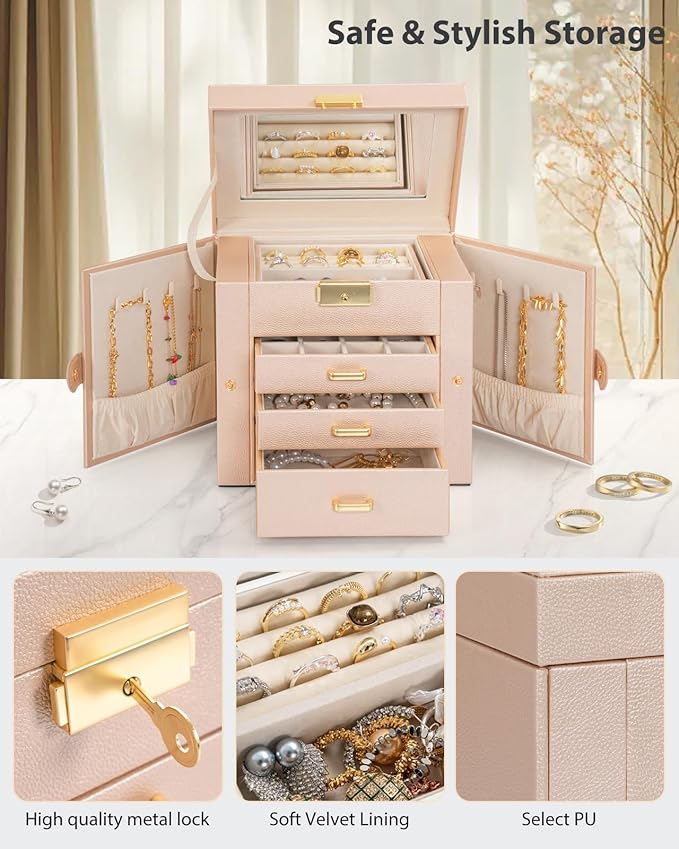 AKOZLIN 4-Tier Jewelry Box Leather Jewelry Storage Organizer with 3 Drawers Lockable for Women Girls Ring Necklace Earring Bracelet Holder with Mirror Champagne-CubbioJoy