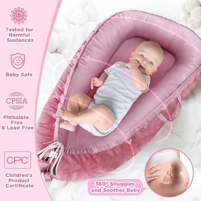 Baby Lounger - Baby Lounger for Newborn 0-24 Months, Breathable & Soft Cotton and Velvet Cover Baby Nest, Portable Tummy Time Lounger for Home and Travel, Ideal Baby Essentials & Shower Gifts-CubbioJoy