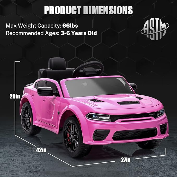12V 7Ah Kids Electric Ride on Car, Licensed Dodge Charger SRT Hellcat, Battery Powered 4-Wheels Toy Car Electric Vehicle for Kids with Remote Control, 3 Speeds, LED Lights, Music (Pink)-CubbioJoy