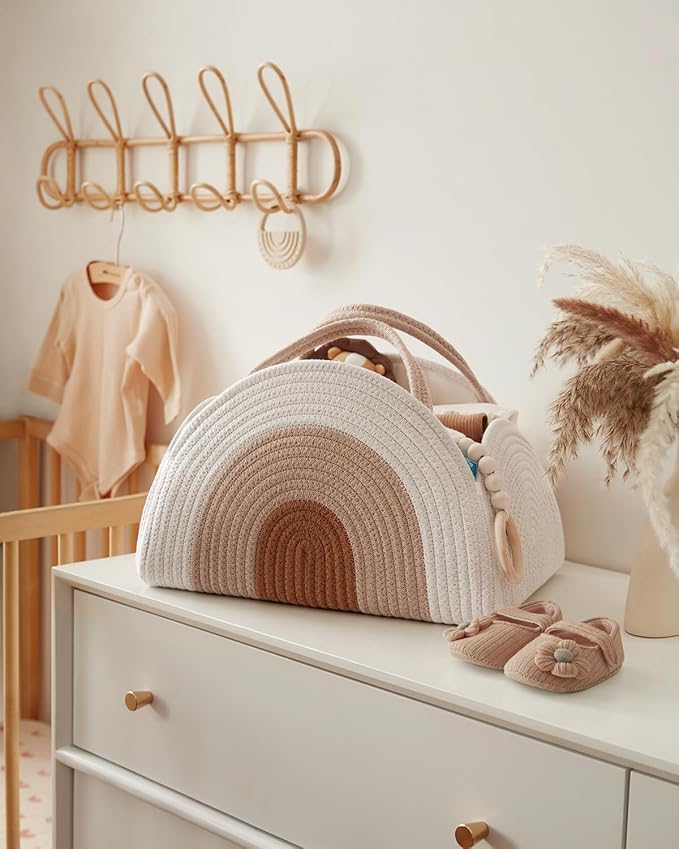 Blissful Diary Baby Diaper Caddy Organizer, Cotton Rope Diaper Caddy Basket, Large Storage Basket for Newborn Boys and Girls, Gift for Baby Shower List, Newborn Essentials, Earthy Rainbow-CubbioJoy