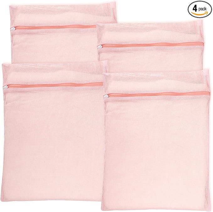4-Piece Pink Large Durable Organic Cotton Mesh Laundry Bags with Sturdy Zippers and Breathable Mesh are Delicate Laundry Bags for Underwear, Clothes, Pants and Socks-CubbioJoy