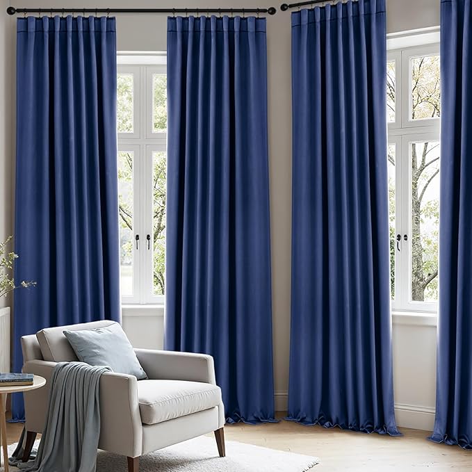 ANRODUO Back Tab Blackout Curtains for Bedroom Living Room, Rod Pocket Pinch Pleated Thermal Insulated Room Darkening Curtains 63 Inches Long 2 Panels, Navy Blue, 42 x 63 Inch-CubbioJoy