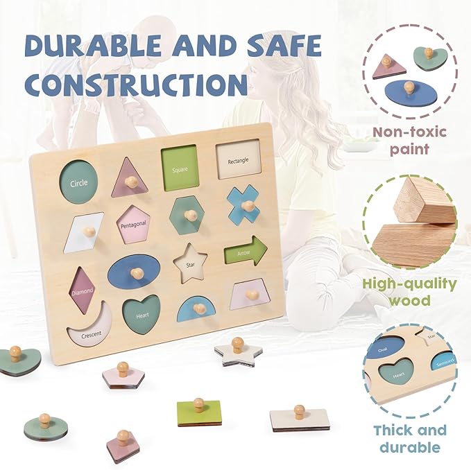 Adena Montessori Wooden Shape Peg 16 Piece Puzzle for Toddlers 2-4,Montessori Colorful Shapes Sorter Board,Geometric Color Matching Toys for Girls Boys 18-24 Months,Baby & Toddler Eearly Learning Gift-CubbioJoy