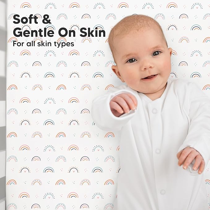 KeaBabies 2-Pack Organic Crib Sheets for Boys, Girls - 52x28 Fitted Crib Mattress Sheet Neutral, Breathable Jersey Cotton Cover for Baby Bed, Toddler Mattress, Soft & Cute Prints (Jolly Rainbow)-CubbioJoy