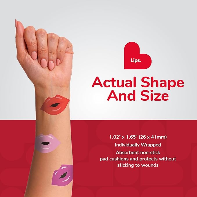 BioSwiss Bandages, Lips Shaped Self Adhesive Bandage, Latex Free Sterile Wound Care, Fun First Aid Kit Supplies for Kids, 24 Count-CubbioJoy
