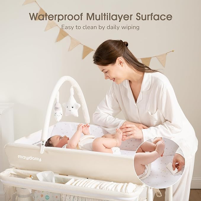 Baby Changing Table with Wheels, Maydolly Portable Foldable Changing Table, Waterproof Diaper Changing Station, Adjustable Height Changing Station, Mobile Nursery for Newborn and Infant (Beige)-CubbioJoy