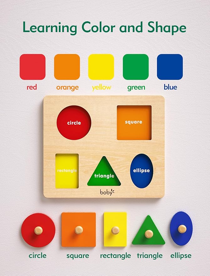 Boby Montessori Wooden Puzzle Board Knob Wooden Puzzle Geometric Shape Puzzle Early Education Material Sensorial Toy for Toddler Shape & Color Sorter (5 Geometry Shape)-CubbioJoy