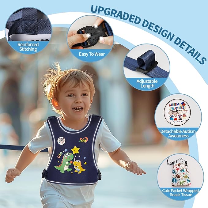 2025 New Safety Harness for Autism and Special Needs Child (3-6 yrs), Anti-Elopement Vest Harness with Light Reflector and Grab Handle for Active, Autistic ADHD Kids,Adjustable Tether Leash with Pouch-CubbioJoy