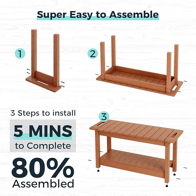 35" Shower Bench, Waterproof Poly Lumber Shower Stool for Shaving Legs, Shower Chair Seat Holds up to 400lbs, Bathroom Bench for Inside Shower, Non-Slip (Brown)-CubbioJoy