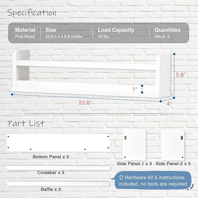 24 Inch White Wall Bookshelf for Kids Room, Floating Nursery Book Shelves Wall Mounted with Lip and Hanging Rod for Baby Girl Boy Bedroom, Large Corner Hanging Children Bookshelves -Set of 3-CubbioJoy