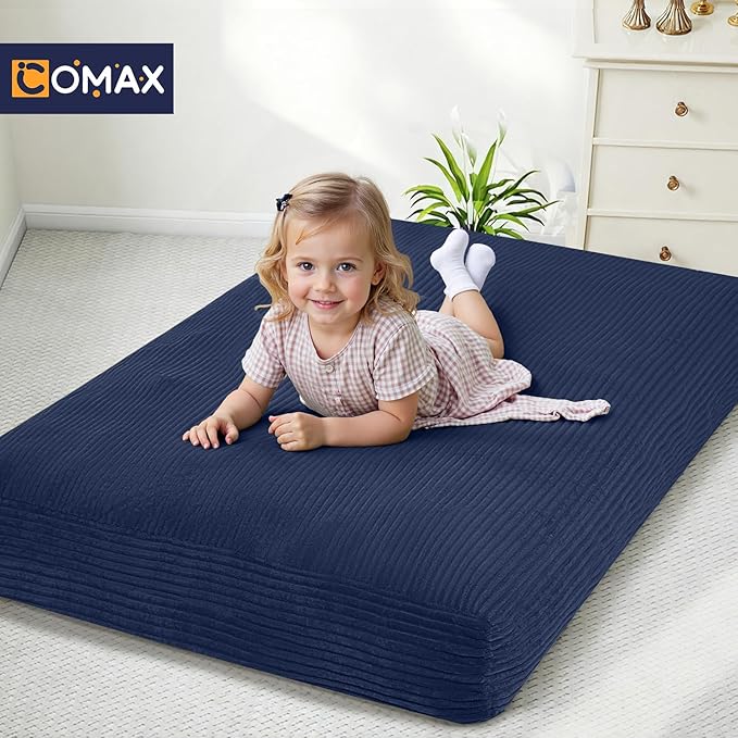 COMAX Kids Bean Bag Chair Turn into Beanbag Bed, Toddler Bean Chair Corduroy for Girl Boy Sleeping, Lazy Children Bean Bags with Filler, Convertible Child Floor Mattress, Dark Blue-CubbioJoy