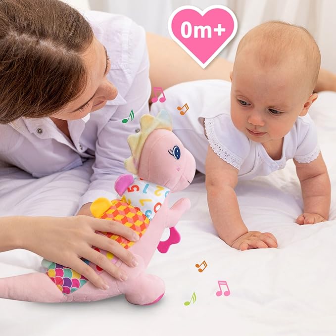 Baby Dino Plush Soft Stuffed Animal Toy for 0-3-6-12+ Months,Infant Musical Toy with Rattle,Squeaker,Sensory Crinkle,Teether & Textures,Tummy Time Toys Christmas Baby Gift for Newborn Girl(Pink)-CubbioJoy