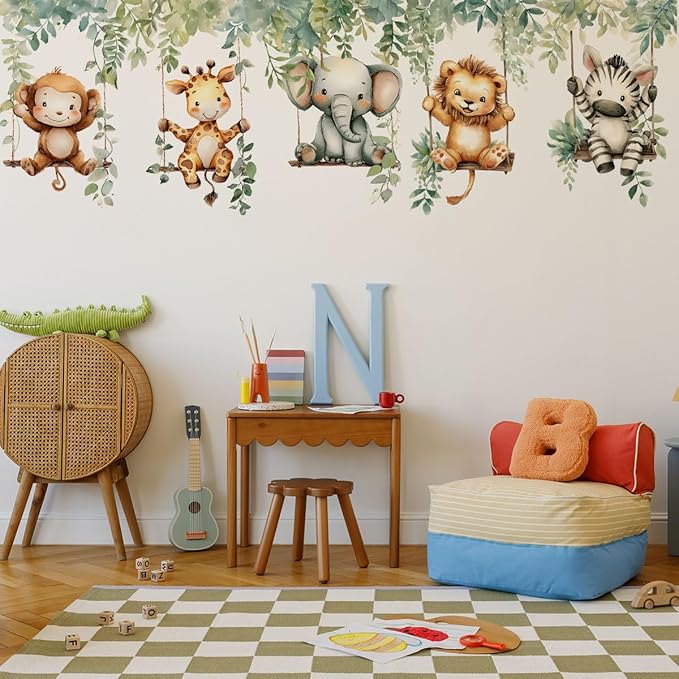 Jungle Animal Wall Decals,Jungle Animals Monkey Elephants, Lions, Zebras, Giraffes Vine Leaves Wall Stickers,Zoo Sticker for Kids Baby Boys Room Nursery Bedroom Playroom Home Decoration.-CubbioJoy