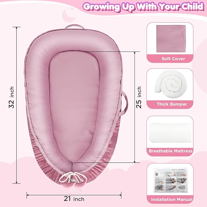 Baby Lounger - Baby Lounger for Newborn 0-24 Months, Breathable & Soft Cotton and Velvet Cover Baby Nest, Portable Tummy Time Lounger for Home and Travel, Ideal Baby Essentials & Shower Gifts-CubbioJoy