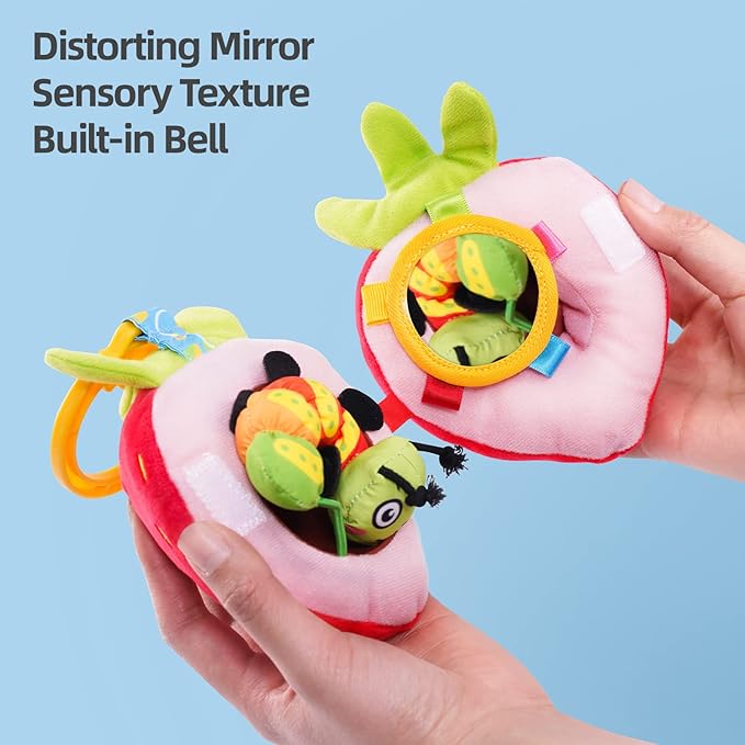 Jollybaby Newborn Plush Stuffed Fruit Rattle Toy for Stroller Car Seat Crib, Montessori Sensory Plush Strawberry Toy with Rattle and Mirro Toy for Baby 0-6-12 Month, Infant Baby Boy Girl Shower Gift-CubbioJoy