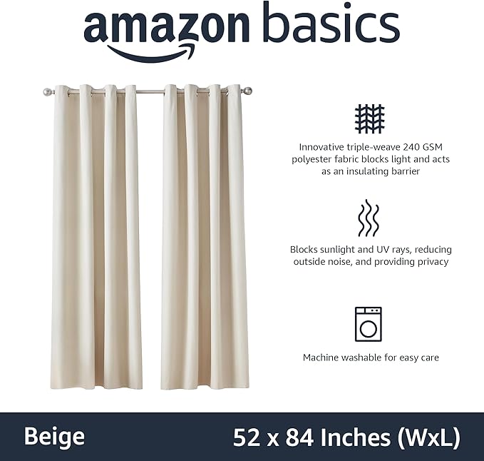 Amazon Basics Room Darkening Blackout Window Curtains 2 Panels with Grommets, for Living Room and Bedroom, 52 x 84 inches, Beige-CubbioJoy