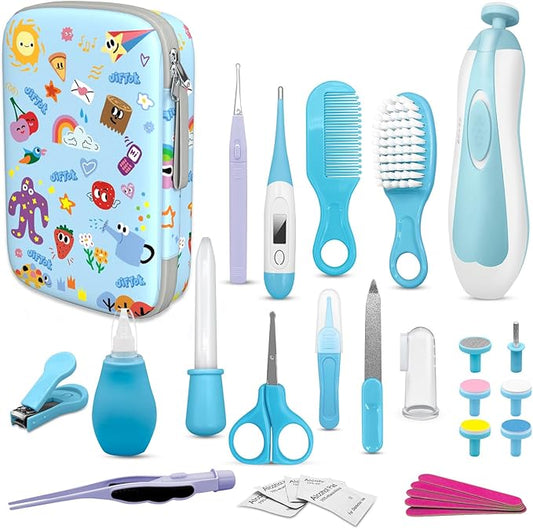 JIFTOK Baby Healthcare and Grooming Kit, 30 in 1 Baby Electric Nail Trimmer Set, Newborn Nursery Care Kit, Baby Essentials Set with Hair Brush Comb, Nail Clippers for Infant Toddlers Boys Girls (Blue)-CubbioJoy