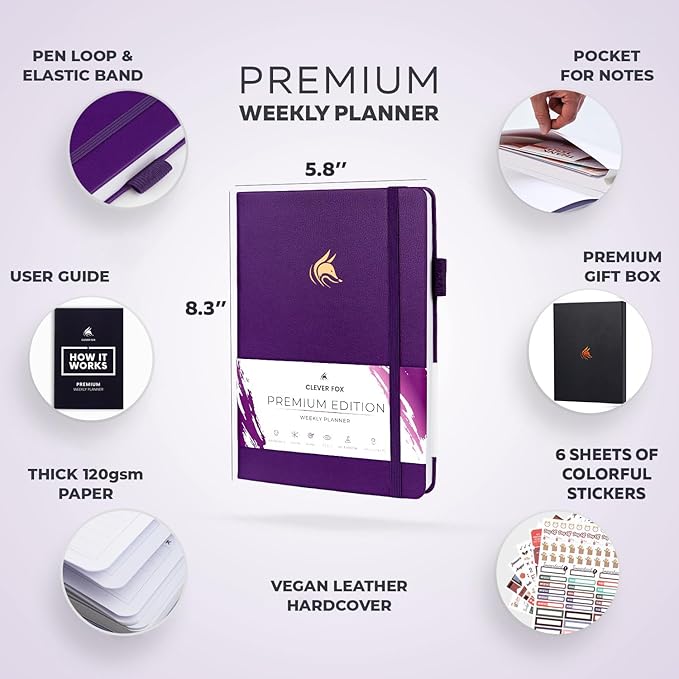 Clever Fox Planner Premium Edition – Undated Luxurious Weekly & Monthly Planner to Increase Productivity and Hit Your Goals – Organizer – Start Anytime, A5, Lasts 1 Year, Purple (Weekly)-CubbioJoy
