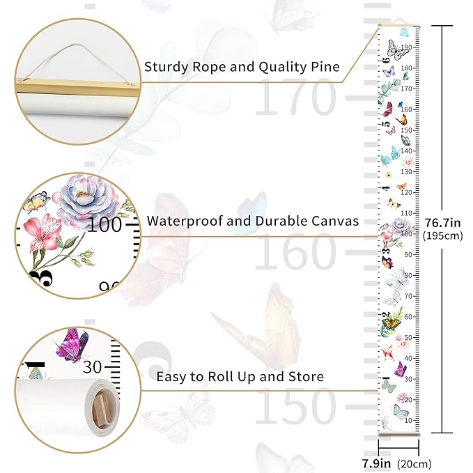 Baby Growth Chart for Wall - Height Chart for Kids Nursery Decor Wall Hanging Measurement Ruler with Black Wood Scroll Toddlers Room Decor Birthday Christmas Gifts for Boys Girls 79"X7.9" (Butterfly)-CubbioJoy