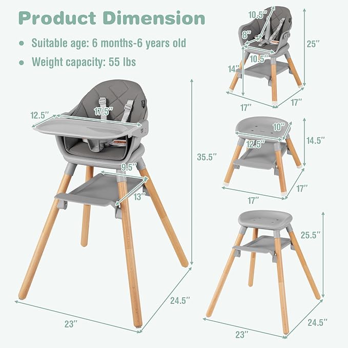 BABY JOY Baby High Chair, 6 in 1 Convertible Wooden Highchair for Babies & Toddlers with Adjustable Legs, Removable Double Tray, Safety Harness & Waterproof PU Cushion (Gray)-CubbioJoy