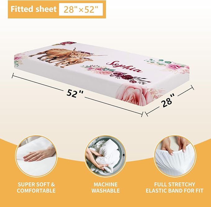 Custom Baby Crib Bedding Set, 5 Pcs Personalized Name Baby Crib Sets for Infant Toddler, Purple Highland Cow Nursery Bedding Set for Baby Girls, Double Layer Baby Bedding Sets Customized Gifts-CubbioJoy