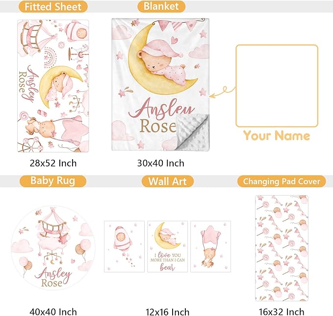 Custom Crib Bedding Set, 5 Pcs Customized Baby Crib Set with Name, Soft Double Layer Nursery Baby Bedding Set for Girls Boys, Personalized for Infants Toddlers, Pink Moon Bear-CubbioJoy
