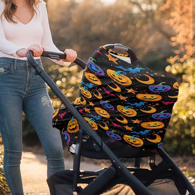 Binienty Galaxy Pumpkin Bats Moon Car Seat Covers for Babies, Halloween Decoration,Halloween Pumpkin Nursing Cover Breastfeeding Scarf, Stretch Baby Carseat Canopy-CubbioJoy