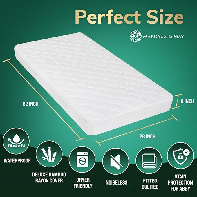 Crib Mattress Protector Pad - Ultra-Soft Waterproof Breathable Premium Bamboo Rayon - Noiseless Fitted Dryer Safe Cover. High Absorbency Oeko-TEX Certified (28 x 52 x 9 inches) MARGAUX & MAY-CubbioJoy