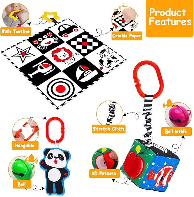 4 PCS Black and White High Contrast Baby Toys 0-3-6 Months Newborn Essential Montessori Toy for Babies Crinkle Sensory Book Brain Development Tummy Time Mirror Infant Carseat Rattle Easter Shower Gift-CubbioJoy