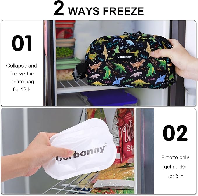 Cerbonny Freezable Cooler Bag for Work/School Travel - Mini Insulated Bag Fit For Yogurt, Suit for 3+(Black Dinosaur)-CubbioJoy