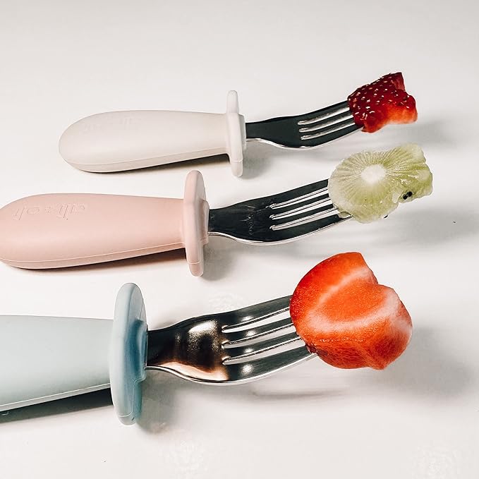 Ali+Oli Spoon & Fork Learning Set for Toddlers (Khaki) 6m+ Grab Easy BPA Free Food-Grade Silicone Handle, Kids Silverware Self Feeding Baby Utensils, Multi-stage Baby Feeding Set Ergonomic Design-CubbioJoy