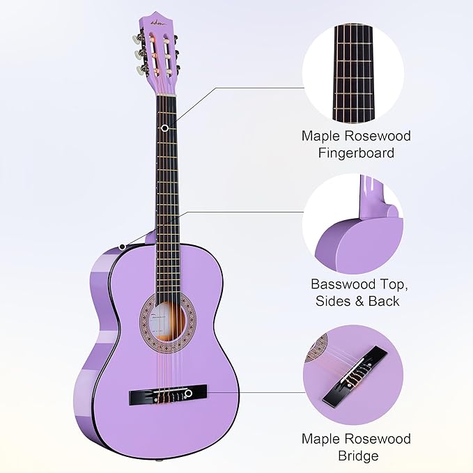 ADM Beginner Acoustic Classical Guitar 38 Inch Nylon Strings Wooden Guitar Bundle Kit for Kid Boy Girl Student Youth Guitarra Online Lessons with Gig Bag, Strap, Tuner, Strings, Purple-CubbioJoy