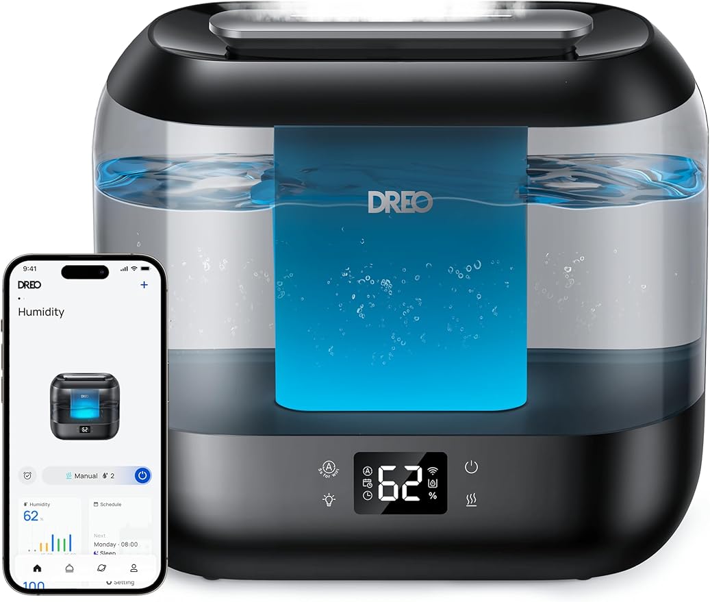 Dreo Smart Humidifiers for Bedroom, Top Fill 4L Supersized Humidifier Large Room with 28 dB, 36H Runtime, Touch/APP/Voice Control, Nightlight, Cool Mist Humidifiers for Baby, Plants, Indoor, Black-CubbioJoy
