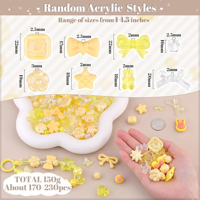 Assorted 170-230PCS Yellow Acrylic Beads for Bracelet Making, Flower Bow Butterfly Candy GummyBear Aesthetic Bracelet Charms,Cute Beads for Jewelry Making DIY Necklace Keychain Phone Charm-CubbioJoy