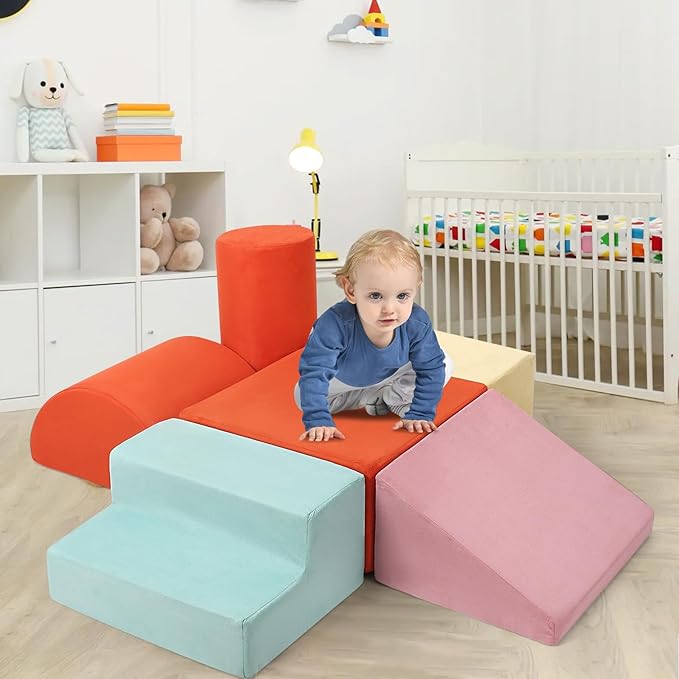 6-Piece Soft PU Leather Toddlers Climbing Toys, Baby Foam Climbing Blocks for Babies Toddlers, Waterproof Foam Play Gym Climber Structures for Toddler 3, Indoor Climb and Crawl Activity Play Set-CubbioJoy