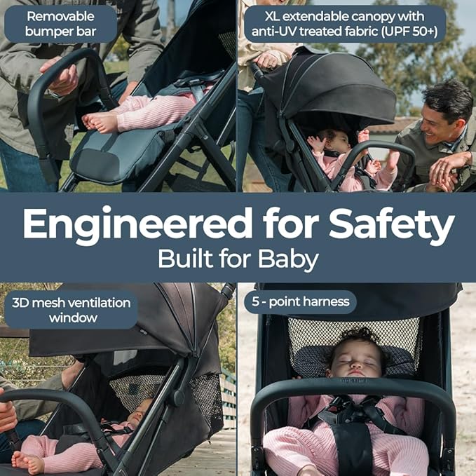 Inglesina Quid³ Stroller, Cosmic Black - Compact Reclining Travel Stroller for Baby & Toddler 0-55 lbs, One Hand fold, Car seat Compatible, Airplane Overhead, Lightweight, Foldable, XL UPF 50+ Canopy-CubbioJoy