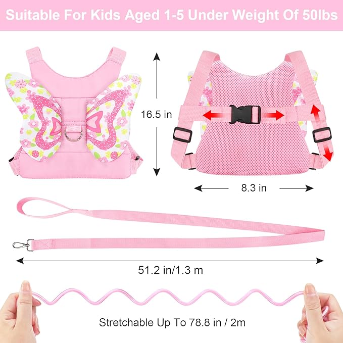 Accmor Toddler Harness Leash, 3 in 1 Cute Butterfly Kids Leash + Anti Lost Wrist Link, Adorable Child Walking Harness Wristband Assistant Soft Strap Belt Protector for Baby Girls to Outdoor Travel-CubbioJoy