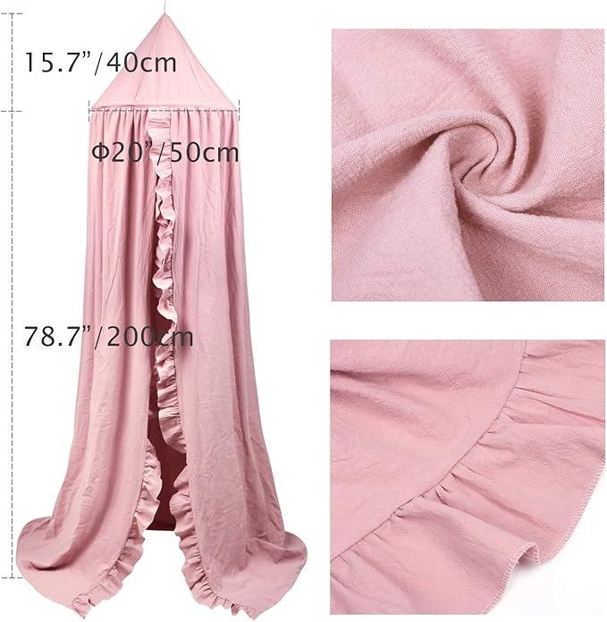 Bed Canopy with Frills Reading Nook Game Tent for Kids Boho Hanging Net Play Room Decor(Dusty Rose)-CubbioJoy