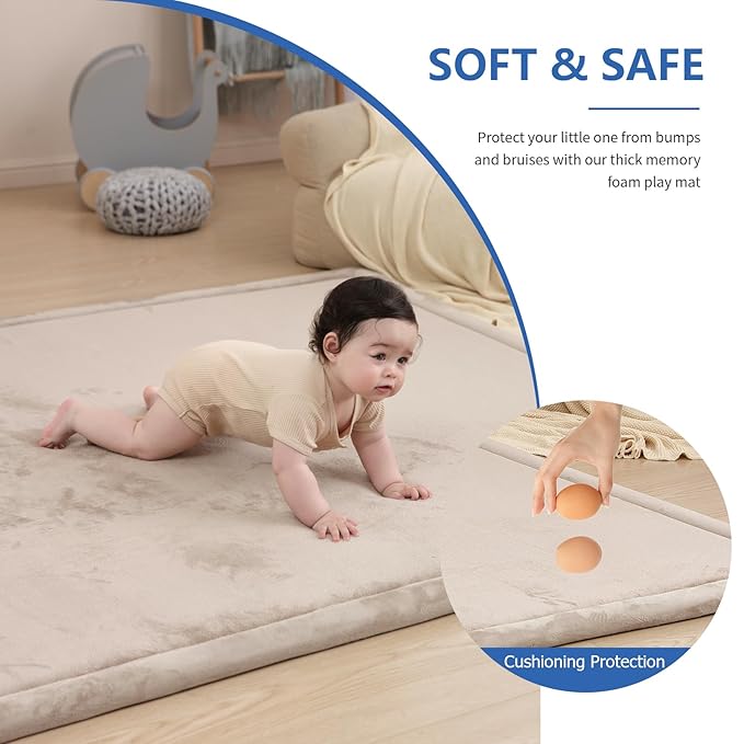 Baby Play Mat for Floor,1.3" Thick Memory Foam Tummy Time Mat,Soft Coral Velvet Nursery Rug,Extra Large Non Slip for Crawling,Toddlers,Infants,Kids,Tatami Style for Living Room(Beige)-CubbioJoy