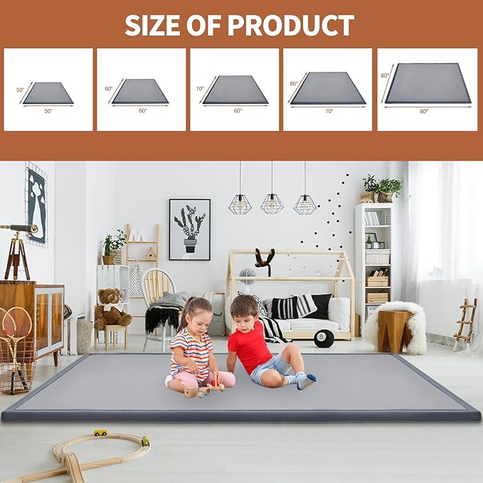 Baby Play Mat for Floor - 1.4" Thick Memory Foam Rug, 60"x60" Playpen Tummy Time Mat, Soft Velvet Nursery Rug, Large Padded Crawling Mat, Cushioned Pads for Playroom Toddlers, Infants, Yoga, Tatami-CubbioJoy